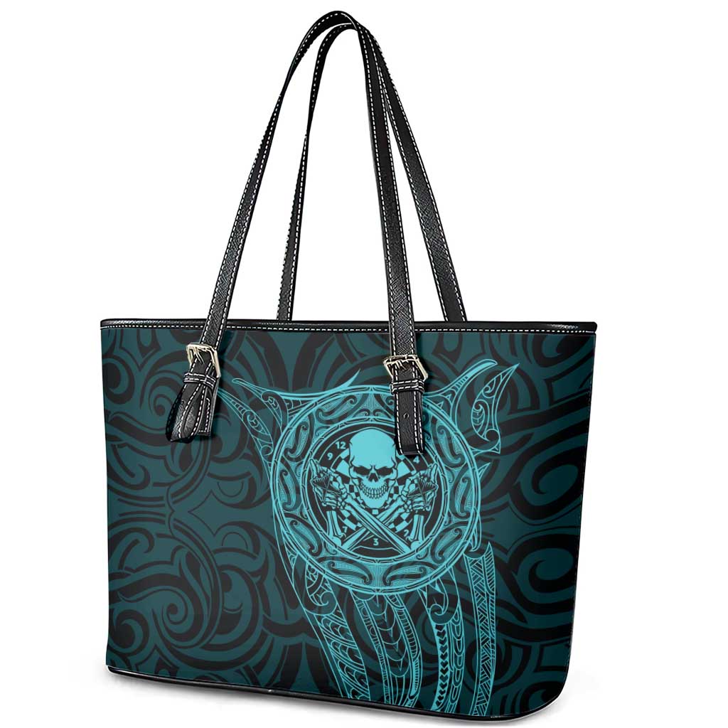 New Zealand Skull Darts Leather Tote Bag Aotearoa Maori Chest Tattoo Stylized Teal - Aussie Hoodie