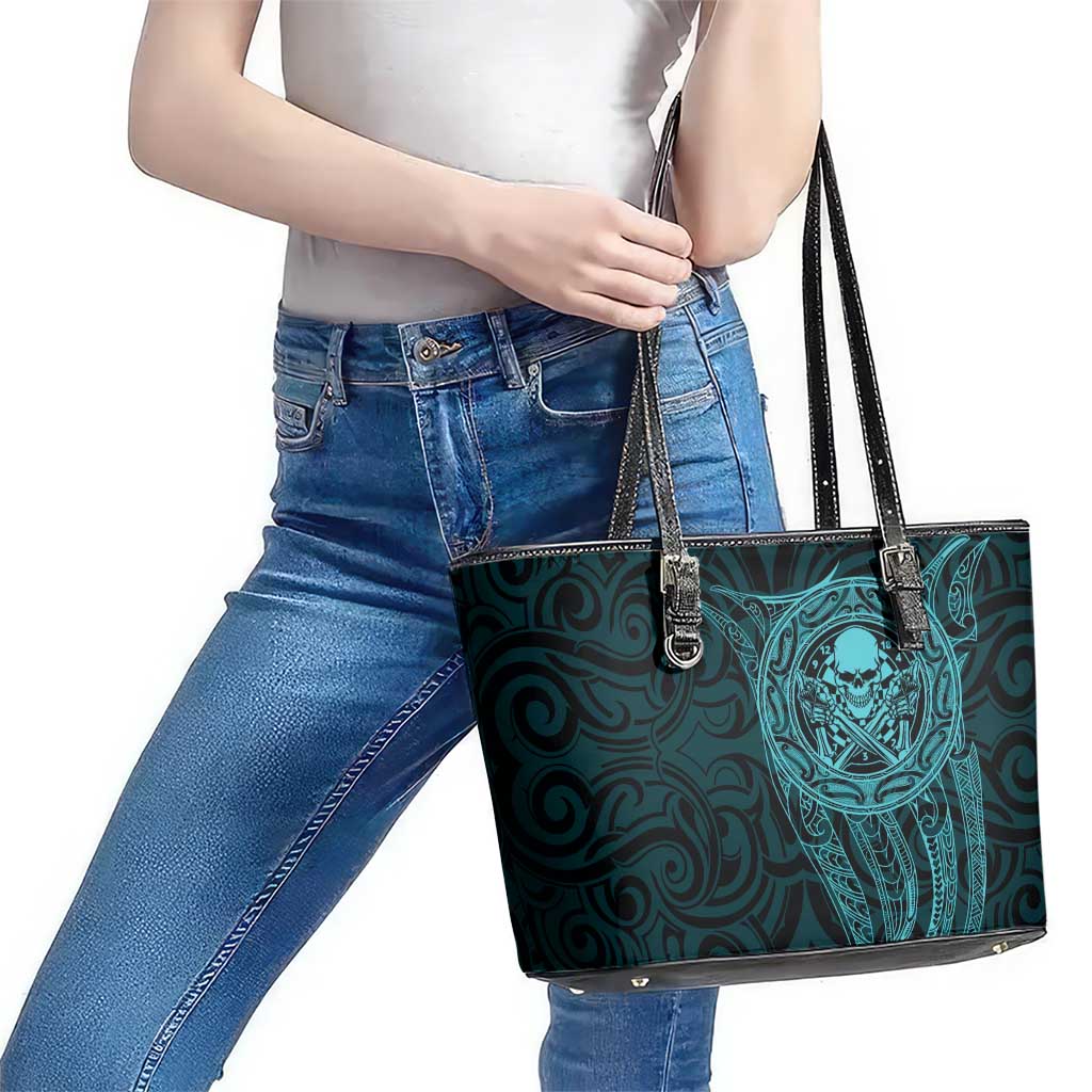 New Zealand Skull Darts Leather Tote Bag Aotearoa Maori Chest Tattoo Stylized Teal - Aussie Hoodie