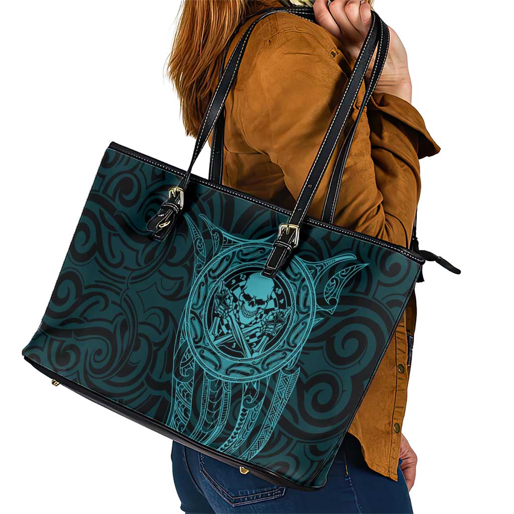 New Zealand Skull Darts Leather Tote Bag Aotearoa Maori Chest Tattoo Stylized Teal - Aussie Hoodie