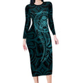 New Zealand Skull Darts Long Sleeve Bodycon Dress Aotearoa Maori Chest Tattoo Stylized Teal - Aussie Hoodie