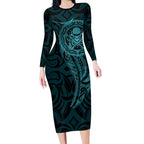 New Zealand Skull Darts Long Sleeve Bodycon Dress Aotearoa Maori Chest Tattoo Stylized Teal - Aussie Hoodie