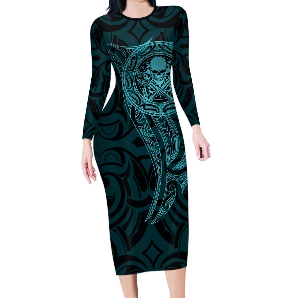 New Zealand Skull Darts Long Sleeve Bodycon Dress Aotearoa Maori Chest Tattoo Stylized Teal - Aussie Hoodie