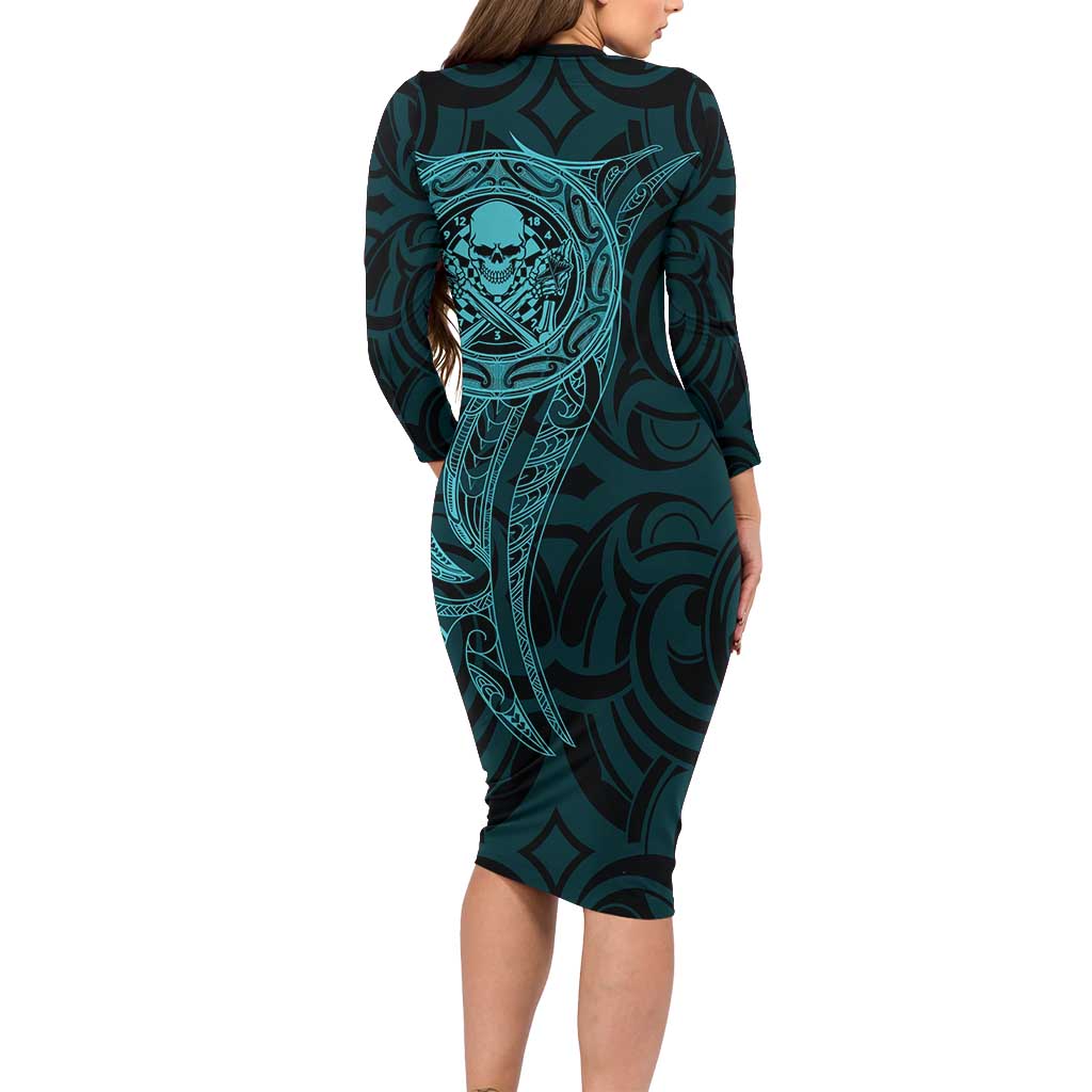 New Zealand Skull Darts Long Sleeve Bodycon Dress Aotearoa Maori Chest Tattoo Stylized Teal - Aussie Hoodie