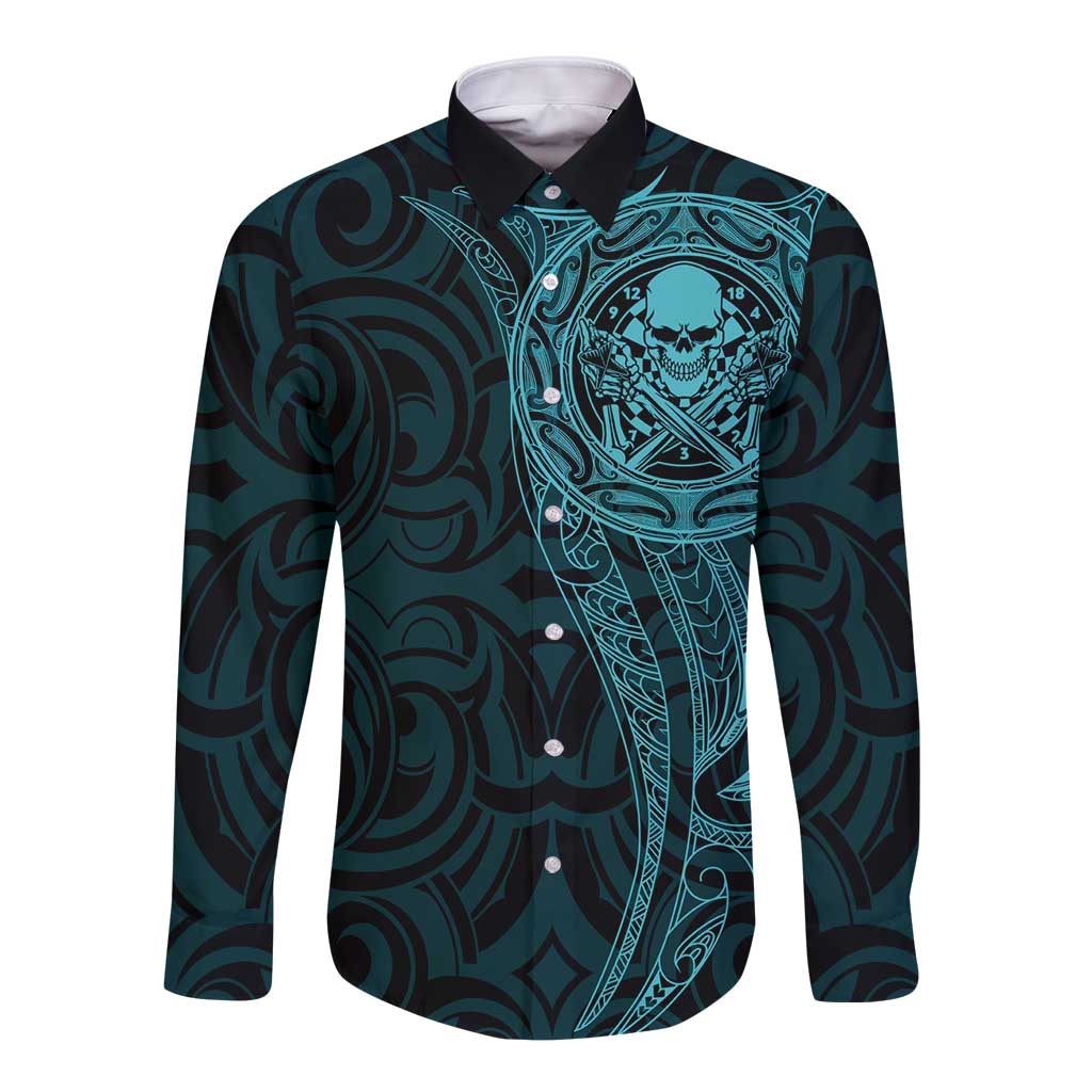 New Zealand Skull Darts Long Sleeve Button Shirt Aotearoa Maori Chest Tattoo Stylized Teal - Aussie Hoodie
