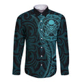 New Zealand Skull Darts Long Sleeve Button Shirt Aotearoa Maori Chest Tattoo Stylized Teal - Aussie Hoodie
