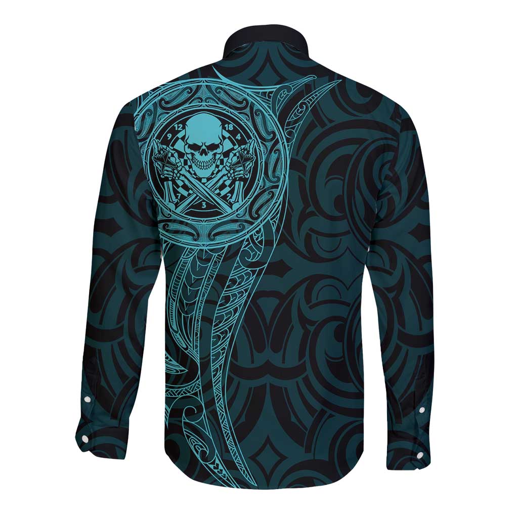 New Zealand Skull Darts Long Sleeve Button Shirt Aotearoa Maori Chest Tattoo Stylized Teal - Aussie Hoodie
