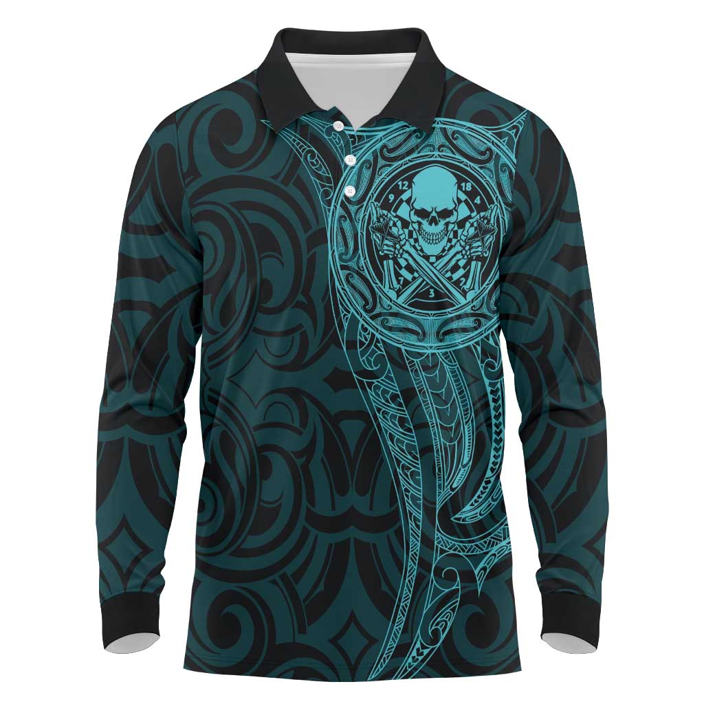 New Zealand Skull Darts Long Sleeve Polo Shirt Aotearoa Maori Chest Tattoo Stylized Teal - Aussie Hoodie