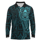 New Zealand Skull Darts Long Sleeve Polo Shirt Aotearoa Maori Chest Tattoo Stylized Teal - Aussie Hoodie