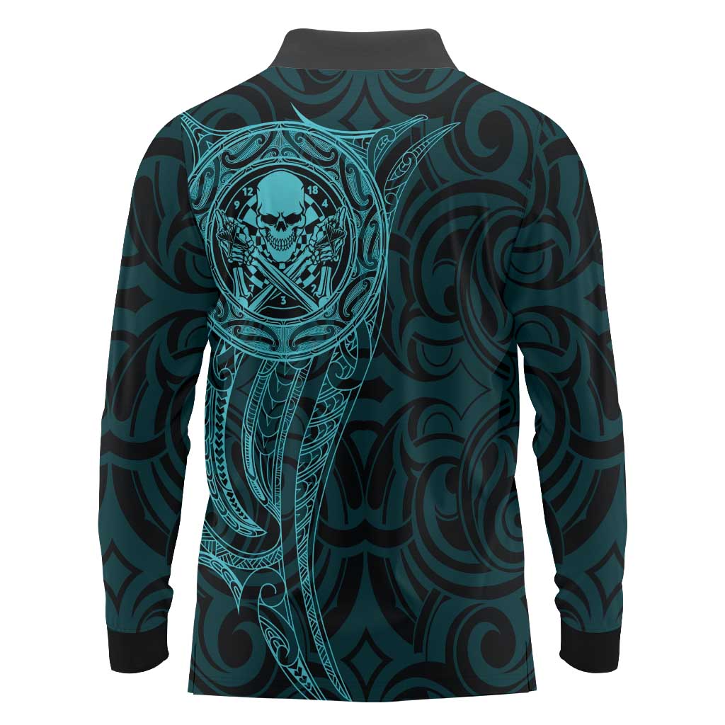 New Zealand Skull Darts Long Sleeve Polo Shirt Aotearoa Maori Chest Tattoo Stylized Teal - Aussie Hoodie