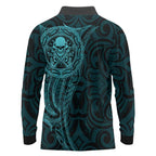 New Zealand Skull Darts Long Sleeve Polo Shirt Aotearoa Maori Chest Tattoo Stylized Teal - Aussie Hoodie