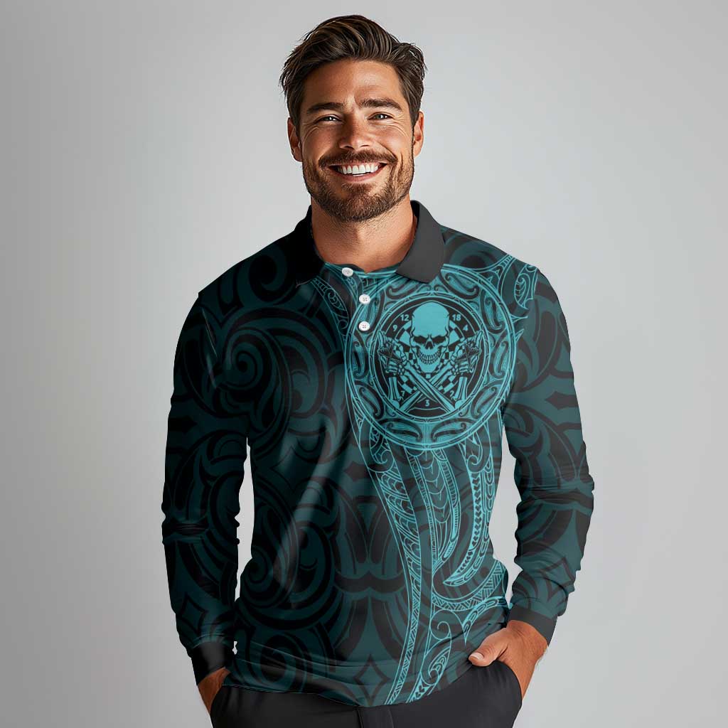 New Zealand Skull Darts Long Sleeve Polo Shirt Aotearoa Maori Chest Tattoo Stylized Teal - Aussie Hoodie