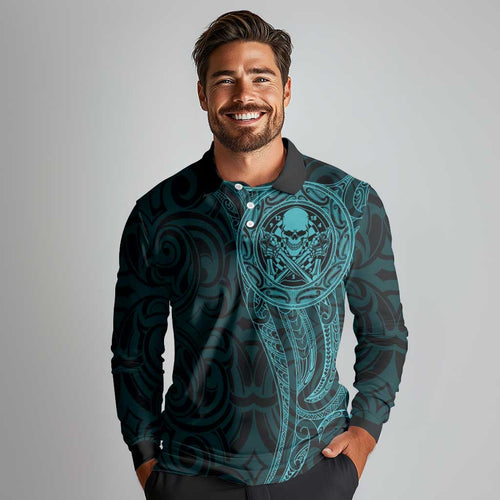 New Zealand Skull Darts Long Sleeve Polo Shirt Aotearoa Maori Chest Tattoo Stylized Teal - Aussie Hoodie