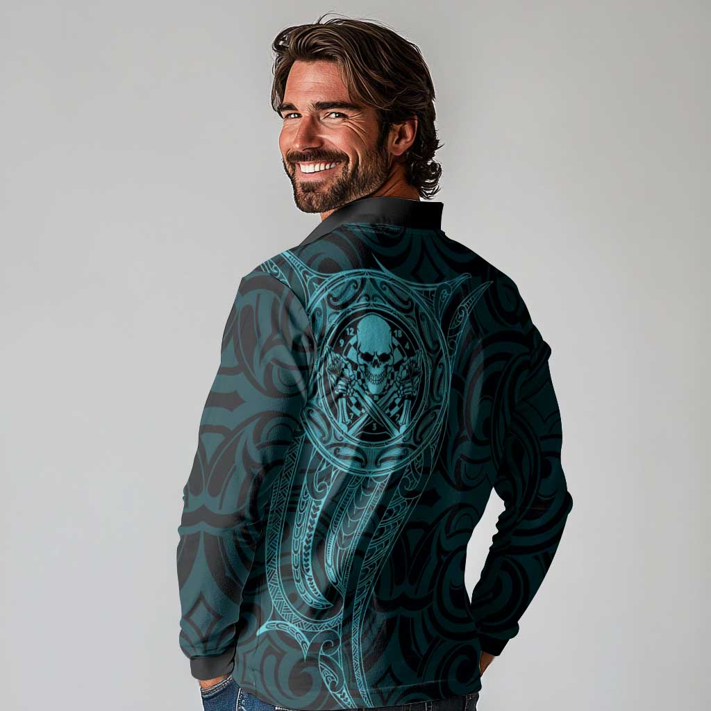 New Zealand Skull Darts Long Sleeve Polo Shirt Aotearoa Maori Chest Tattoo Stylized Teal - Aussie Hoodie