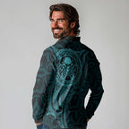 New Zealand Skull Darts Long Sleeve Polo Shirt Aotearoa Maori Chest Tattoo Stylized Teal - Aussie Hoodie