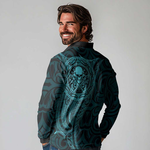New Zealand Skull Darts Long Sleeve Polo Shirt Aotearoa Maori Chest Tattoo Stylized Teal - Aussie Hoodie