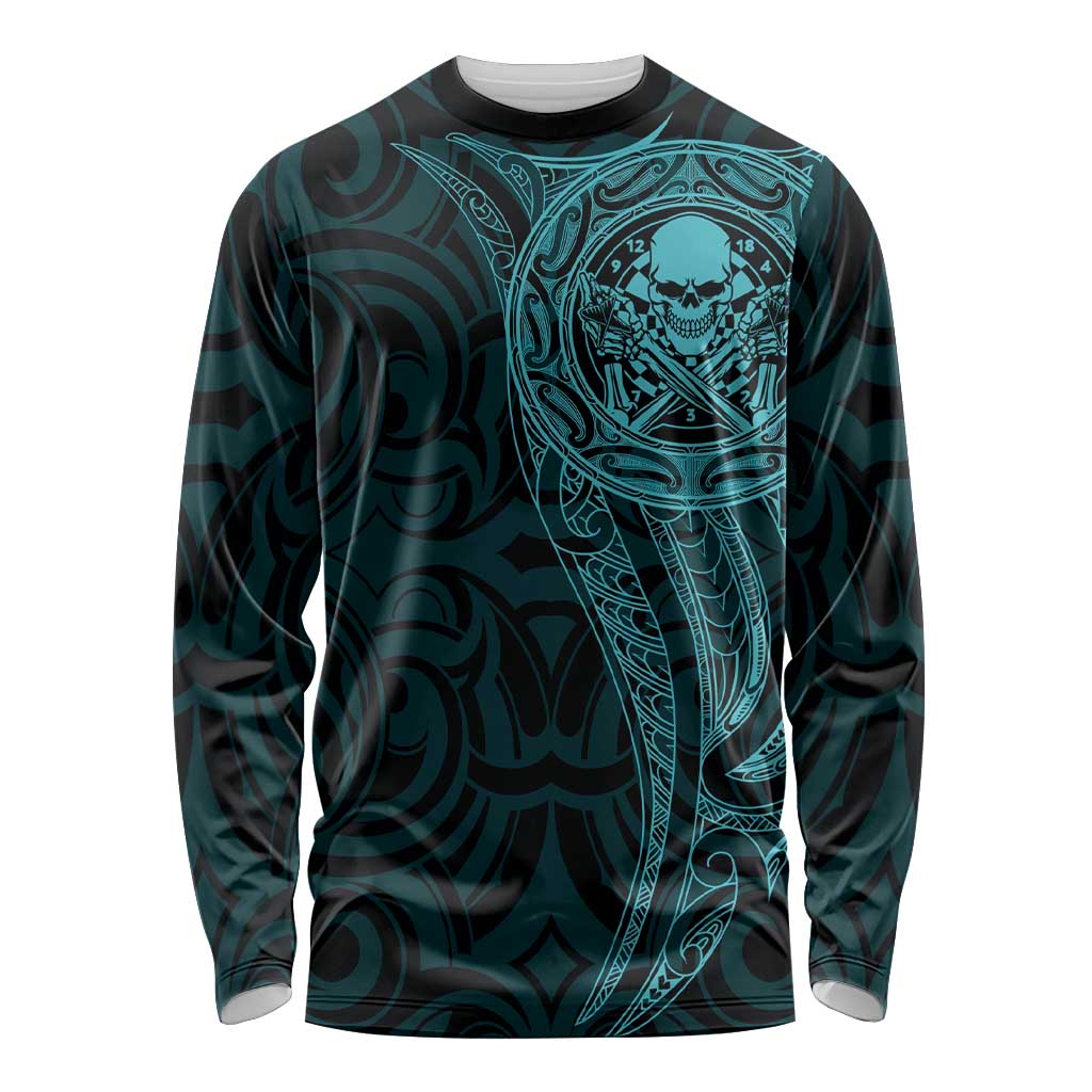 New Zealand Skull Darts Long Sleeve Shirt Aotearoa Maori Chest Tattoo Stylized Teal - Aussie Hoodie