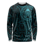 New Zealand Skull Darts Long Sleeve Shirt Aotearoa Maori Chest Tattoo Stylized Teal - Aussie Hoodie