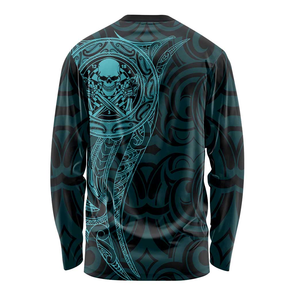 New Zealand Skull Darts Long Sleeve Shirt Aotearoa Maori Chest Tattoo Stylized Teal - Aussie Hoodie