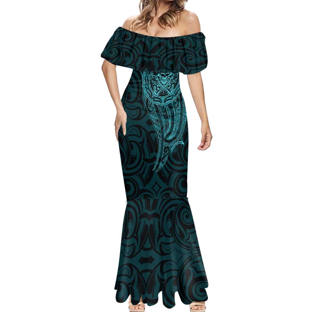 New Zealand Skull Darts Mermaid Dress Aotearoa Maori Chest Tattoo Stylized Teal - Aussie Hoodie