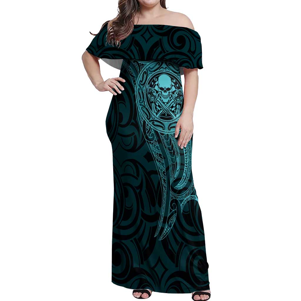 New Zealand Skull Darts Off Shoulder Maxi Dress Aotearoa Maori Chest Tattoo Stylized Teal - Aussie Hoodie