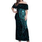 New Zealand Skull Darts Off Shoulder Maxi Dress Aotearoa Maori Chest Tattoo Stylized Teal - Aussie Hoodie