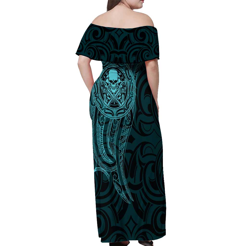New Zealand Skull Darts Off Shoulder Maxi Dress Aotearoa Maori Chest Tattoo Stylized Teal - Aussie Hoodie
