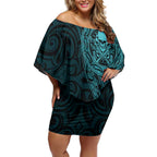 New Zealand Skull Darts Off Shoulder Short Dress Aotearoa Maori Chest Tattoo Stylized Teal - Aussie Hoodie
