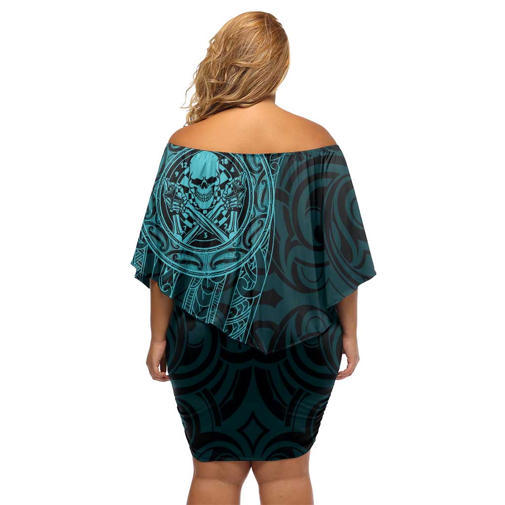New Zealand Skull Darts Off Shoulder Short Dress Aotearoa Maori Chest Tattoo Stylized Teal - Aussie Hoodie