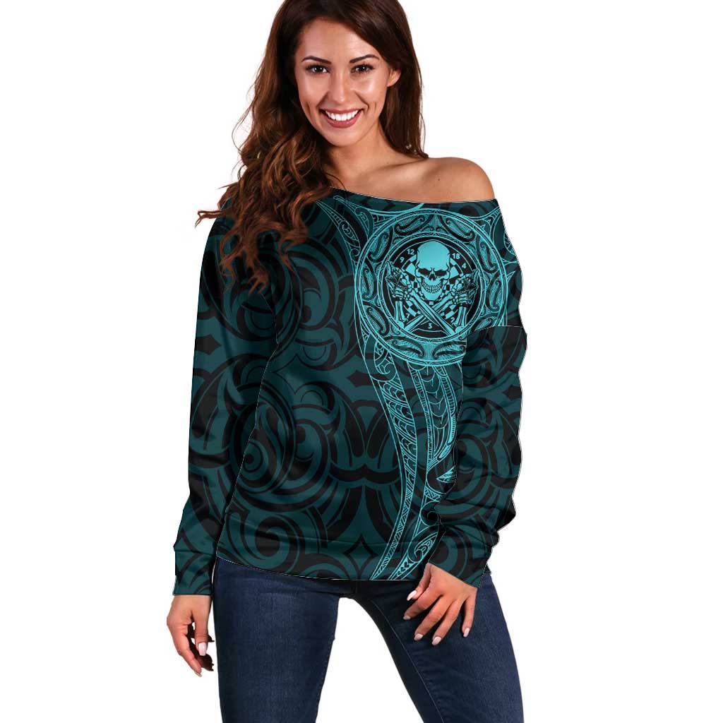 New Zealand Skull Darts Off Shoulder Sweater Aotearoa Maori Chest Tattoo Stylized Teal - Aussie Hoodie