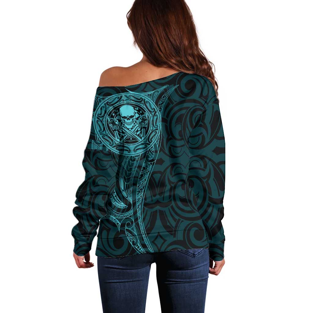 New Zealand Skull Darts Off Shoulder Sweater Aotearoa Maori Chest Tattoo Stylized Teal - Aussie Hoodie