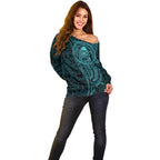 New Zealand Skull Darts Off Shoulder Sweater Aotearoa Maori Chest Tattoo Stylized Teal - Aussie Hoodie