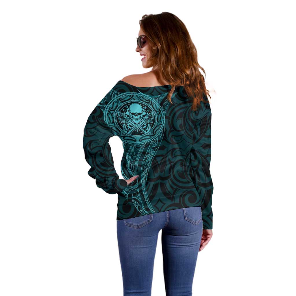 New Zealand Skull Darts Off Shoulder Sweater Aotearoa Maori Chest Tattoo Stylized Teal - Aussie Hoodie