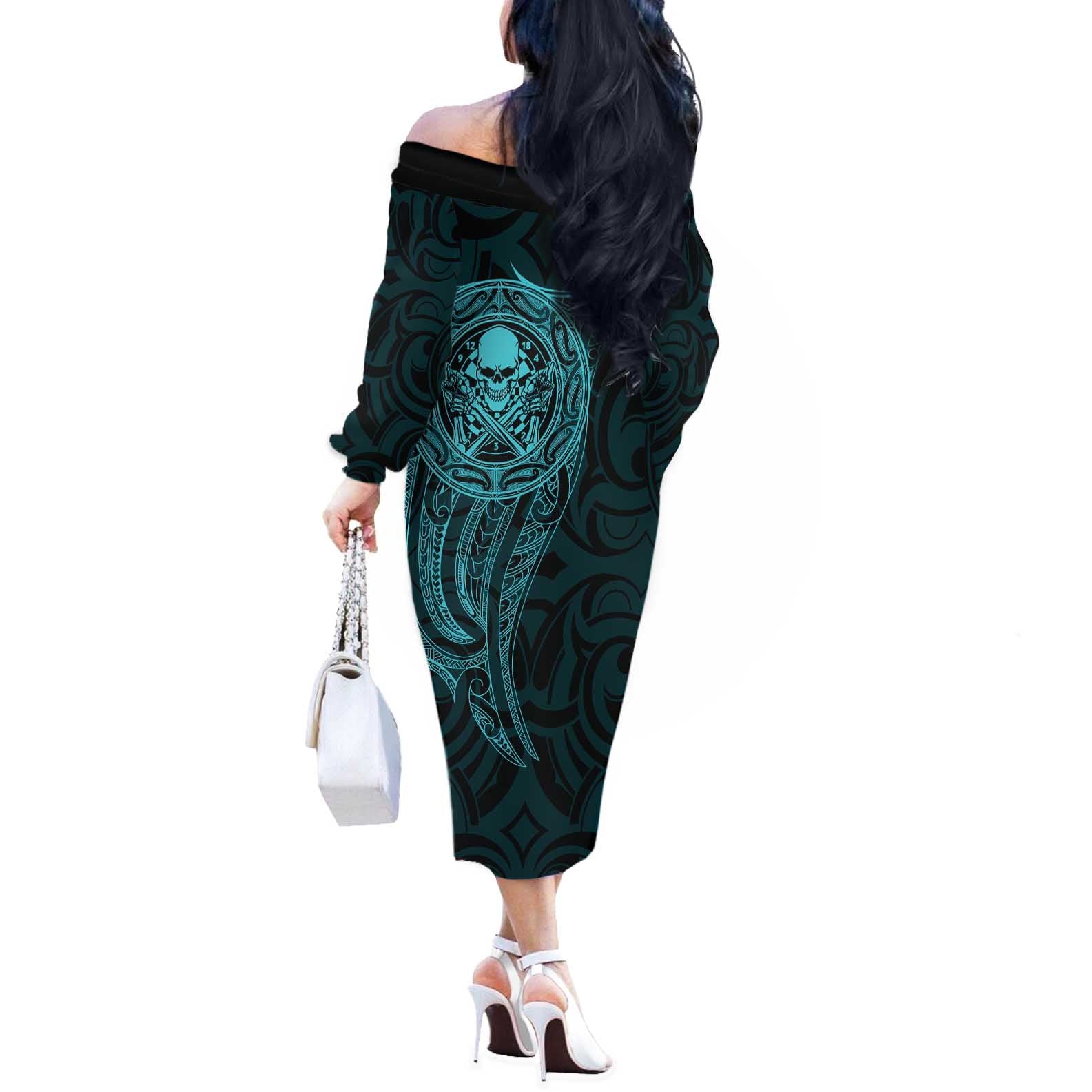 New Zealand Skull Darts Off The Shoulder Long Sleeve Dress Aotearoa Maori Chest Tattoo Stylized Teal - Aussie Hoodie