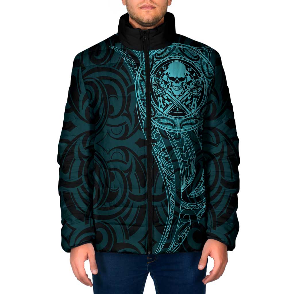 New Zealand Skull Darts Padded Jacket Aotearoa Maori Chest Tattoo Stylized Teal - Aussie Hoodie