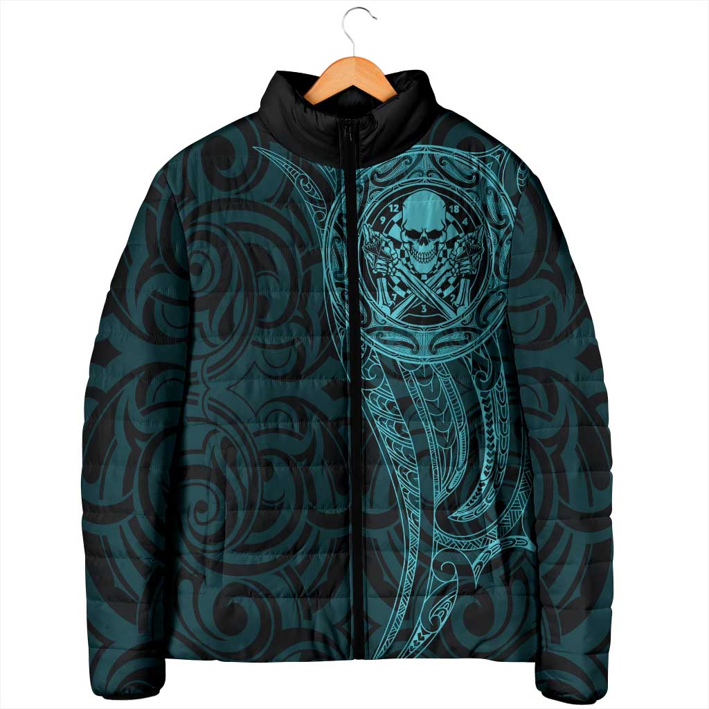 New Zealand Skull Darts Padded Jacket Aotearoa Maori Chest Tattoo Stylized Teal - Aussie Hoodie