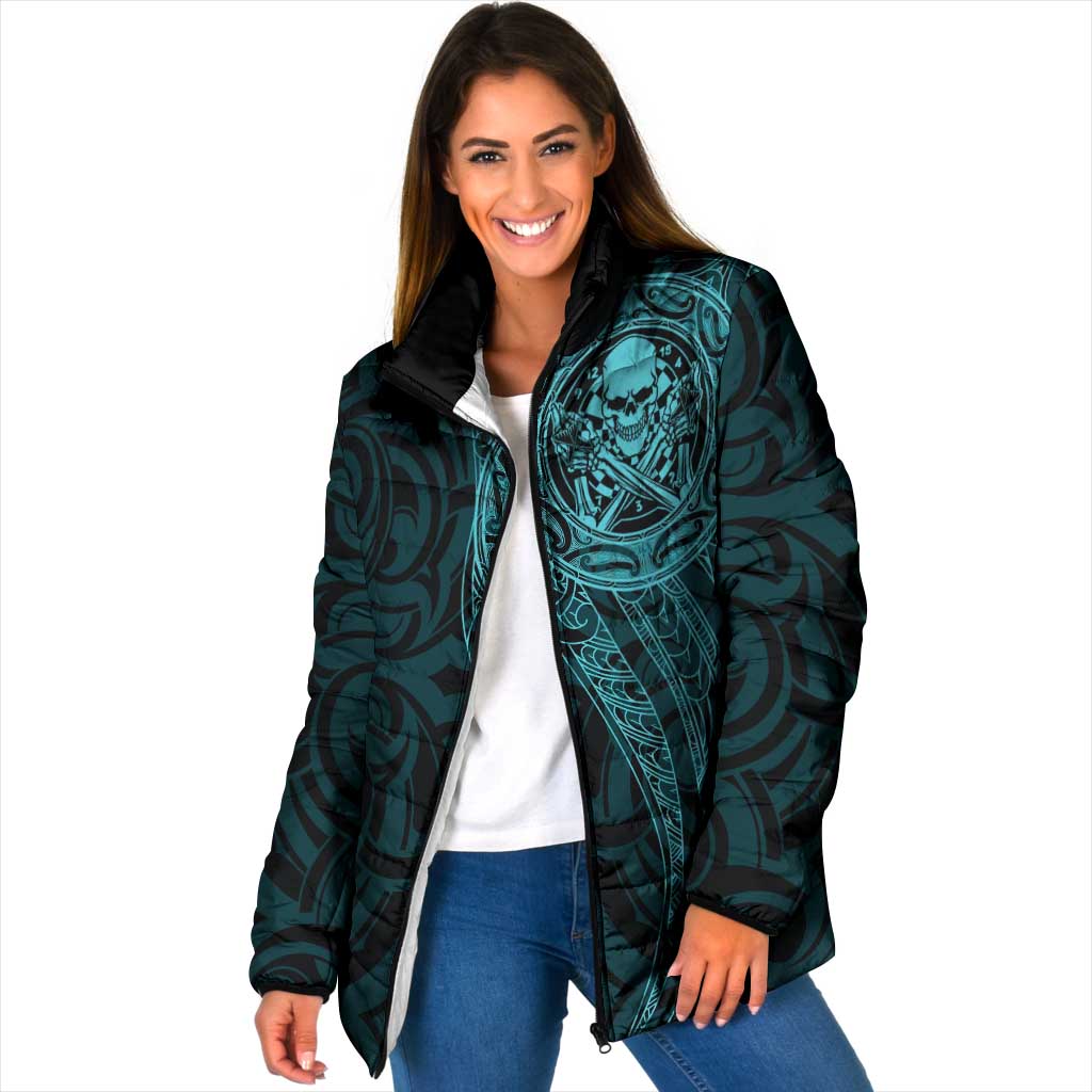 New Zealand Skull Darts Padded Jacket Aotearoa Maori Chest Tattoo Stylized Teal - Aussie Hoodie