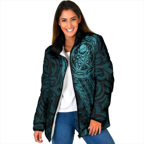 New Zealand Skull Darts Padded Jacket Aotearoa Maori Chest Tattoo Stylized Teal - Aussie Hoodie
