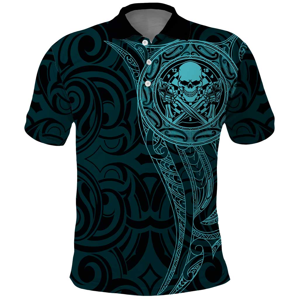 New Zealand Skull Darts Polo Shirt Aotearoa Maori Chest Tattoo Stylized Teal - Aussie Hoodie