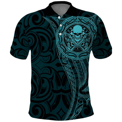 New Zealand Skull Darts Polo Shirt Aotearoa Maori Chest Tattoo Stylized Teal - Aussie Hoodie