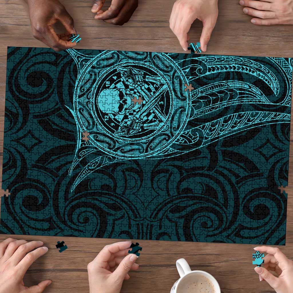 New Zealand Skull Darts Puzzle Aotearoa Maori Chest Tattoo Stylized Teal - Aussie Hoodie