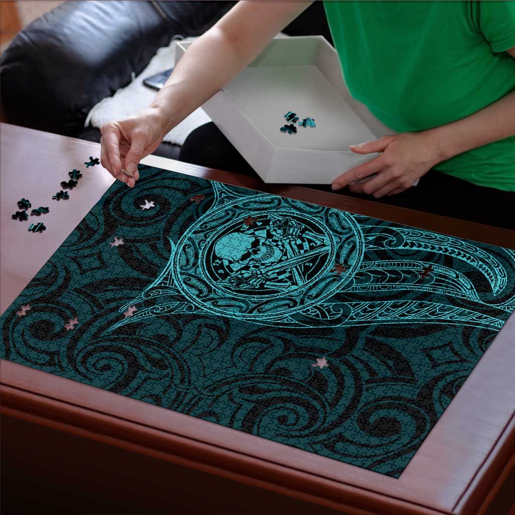 New Zealand Skull Darts Puzzle Aotearoa Maori Chest Tattoo Stylized Teal - Aussie Hoodie