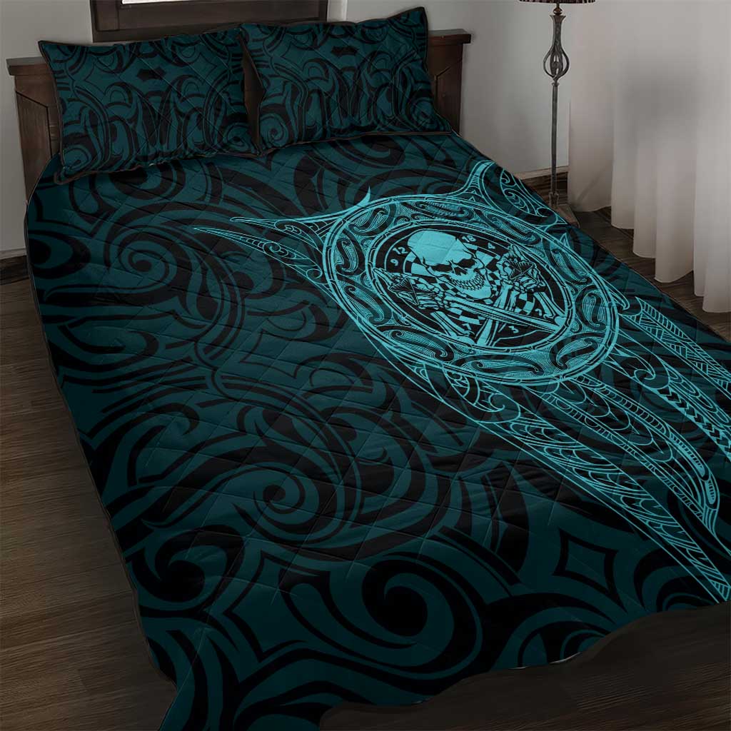New Zealand Skull Darts Quilt Bed Set Aotearoa Maori Chest Tattoo Stylized Teal - Aussie Hoodie