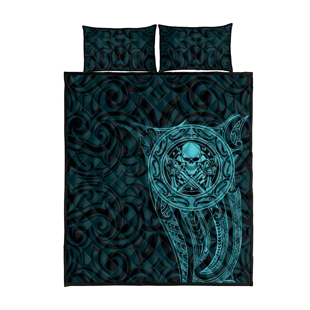 New Zealand Skull Darts Quilt Bed Set Aotearoa Maori Chest Tattoo Stylized Teal - Aussie Hoodie