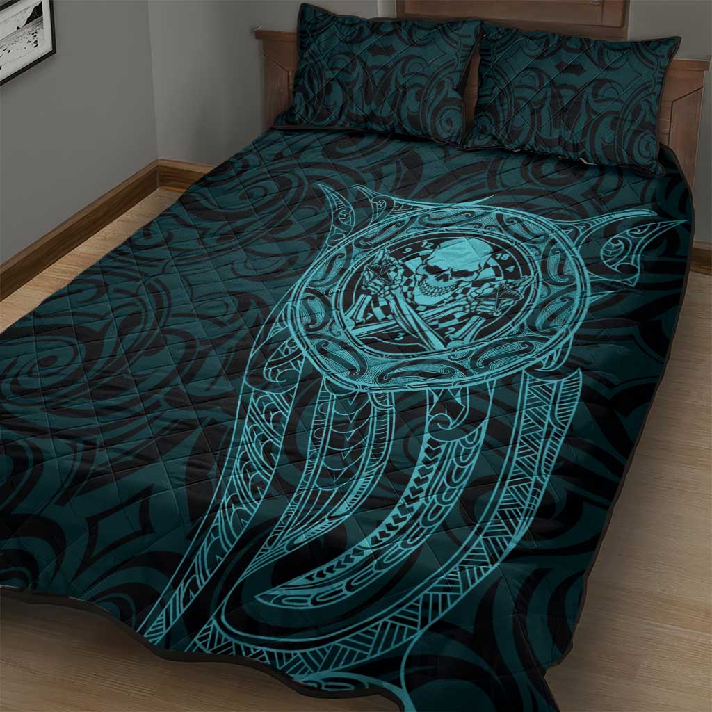 New Zealand Skull Darts Quilt Bed Set Aotearoa Maori Chest Tattoo Stylized Teal - Aussie Hoodie