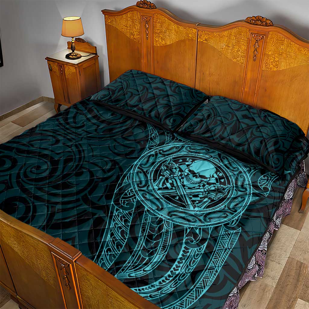 New Zealand Skull Darts Quilt Bed Set Aotearoa Maori Chest Tattoo Stylized Teal - Aussie Hoodie