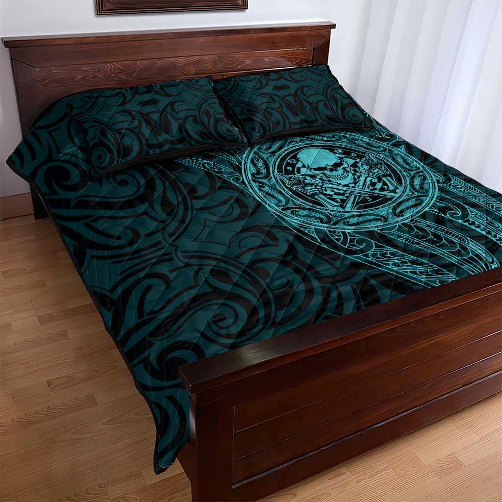New Zealand Skull Darts Quilt Bed Set Aotearoa Maori Chest Tattoo Stylized Teal - Aussie Hoodie