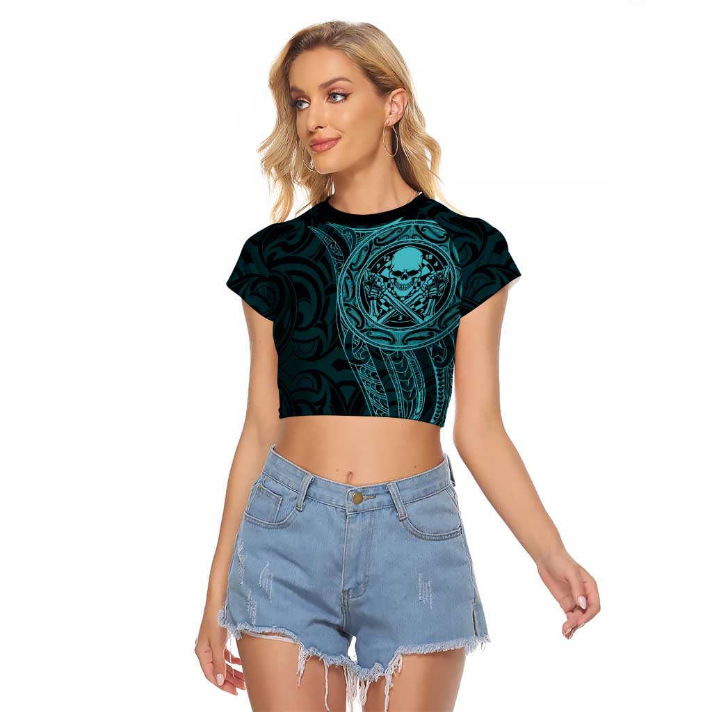 New Zealand Skull Darts Raglan Cropped T Shirt Aotearoa Maori Chest Tattoo Stylized Teal - Aussie Hoodie