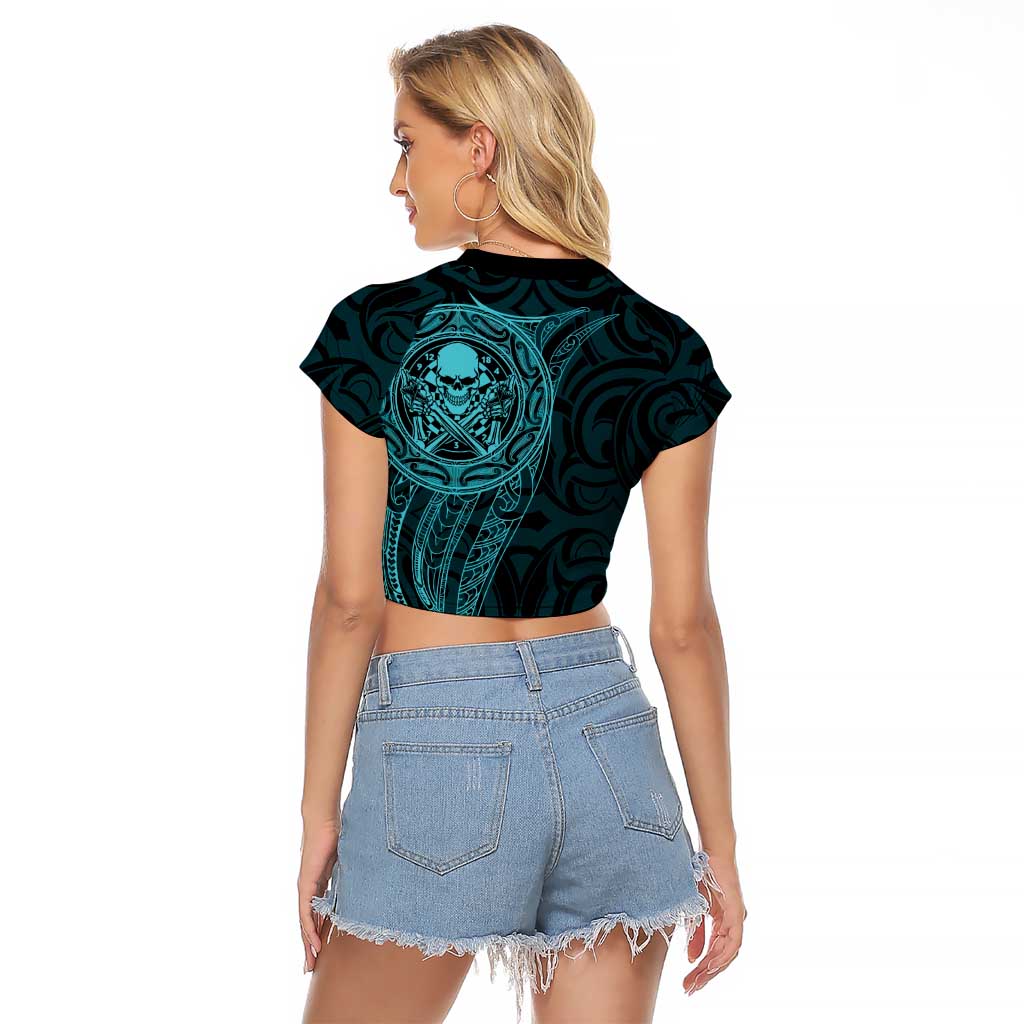 New Zealand Skull Darts Raglan Cropped T Shirt Aotearoa Maori Chest Tattoo Stylized Teal - Aussie Hoodie