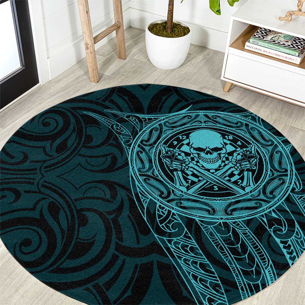 New Zealand Skull Darts Round Carpet Aotearoa Maori Chest Tattoo Stylized Teal - Aussie Hoodie
