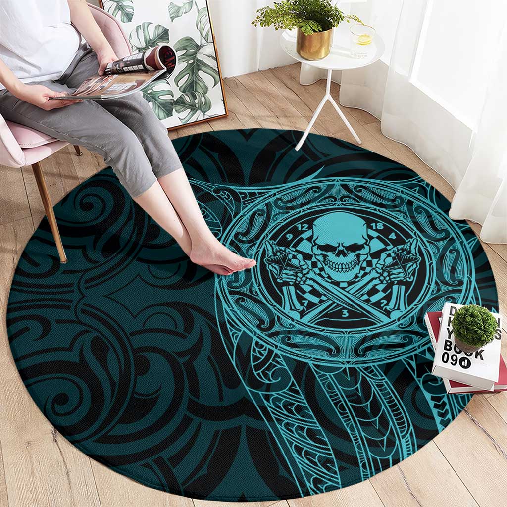 New Zealand Skull Darts Round Carpet Aotearoa Maori Chest Tattoo Stylized Teal - Aussie Hoodie